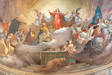  ROME, ITALY - AUGUST 27, 2021: The fresco of Assumption of Our Lady in the Vision of St Bonaventure in the church Chiesa di Santa Lucia del Gonfalone by Cesare Mariani (1863). © Renáta Sedmáková