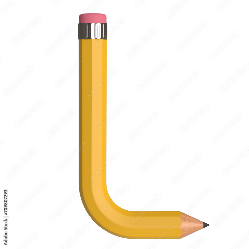 Poster realistic 3d rendering of the alphabet letter l, pencil shape in yellow color, high-quality image fo