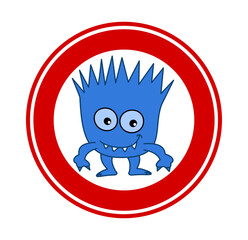 Little smiling blue microbe in traffic sign on white background - vector