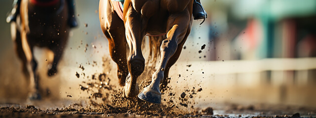 Dust under the horse's hooves. Legs of a galloping horse. - obrazy, fototapety, plakaty