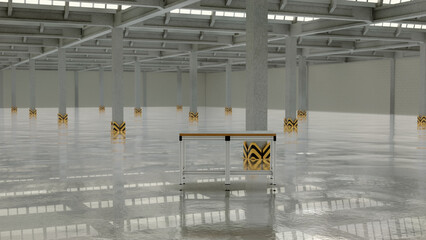 Modern aluminum profile workbench stands in an empty, clean industrial hall. new factory hall © Louis