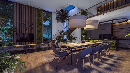 3d rendering of expensive cozy interior with green walls with living dining zone stair and kitchen for sale or rent. Warm interior lighting combined with cold light from night street