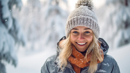 Fototapeta na wymiar Winter walk, a young beautiful blonde in winter clothes walking in a snowy forest, a beautiful frosty day. A young woman warms her nose wrapped in a white scarf
