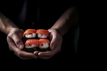 person holding a sushi on black background 