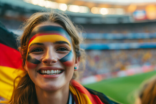 Excited Young German Woman Fan Cheering at Full Stadium, Close-up Portrait with German Flag on Face, European Soccer Tournament, Summer, Euphoric Sports Enthusiast, Patriotic Football Supporter