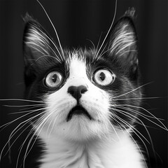Funny black and white cat looking into the camera, ai technology