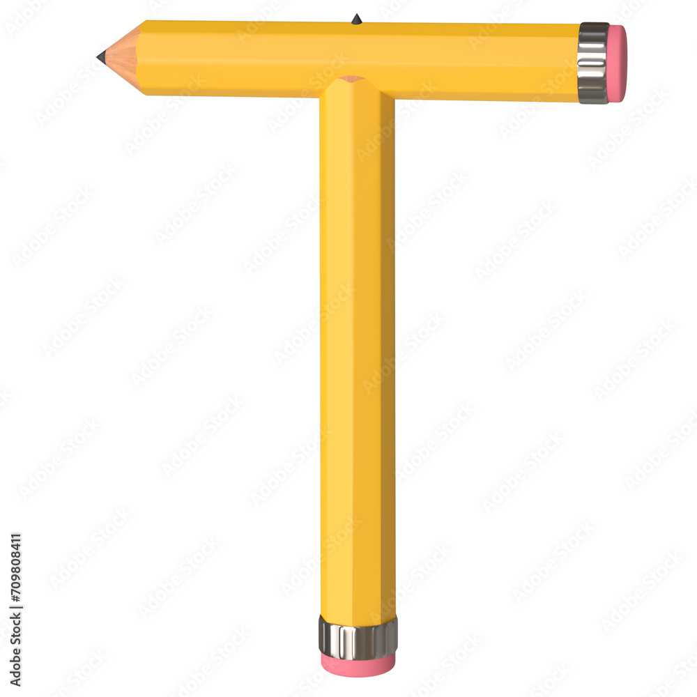 Poster realistic 3d rendering of the alphabet letter t, pencil shape in yellow color, high-quality image fo