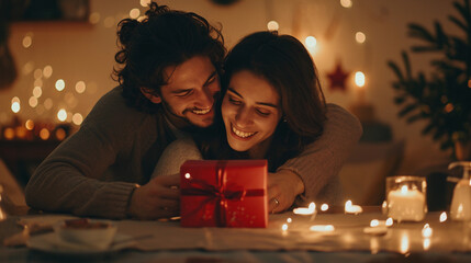 Obraz na płótnie Canvas Young Couple Celebrating Anniversary or Valentine's Day with Romantic Dinner at Home. Man Giving Red Gift Box, Hugging Woman, Making Present Surprise in Candlelight