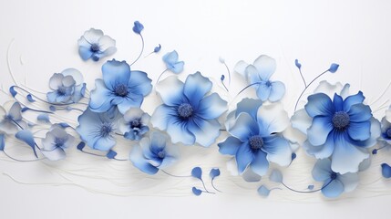 blue flowers unfold on a flawlessly white canvas.