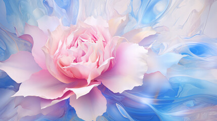 An abstract flower in bright blue and pink, in the style of photorealistic rendering, realistic landscapes with soft edges, flowing fabrics, light white and light gray, rococo pastel colors, bio-art, 