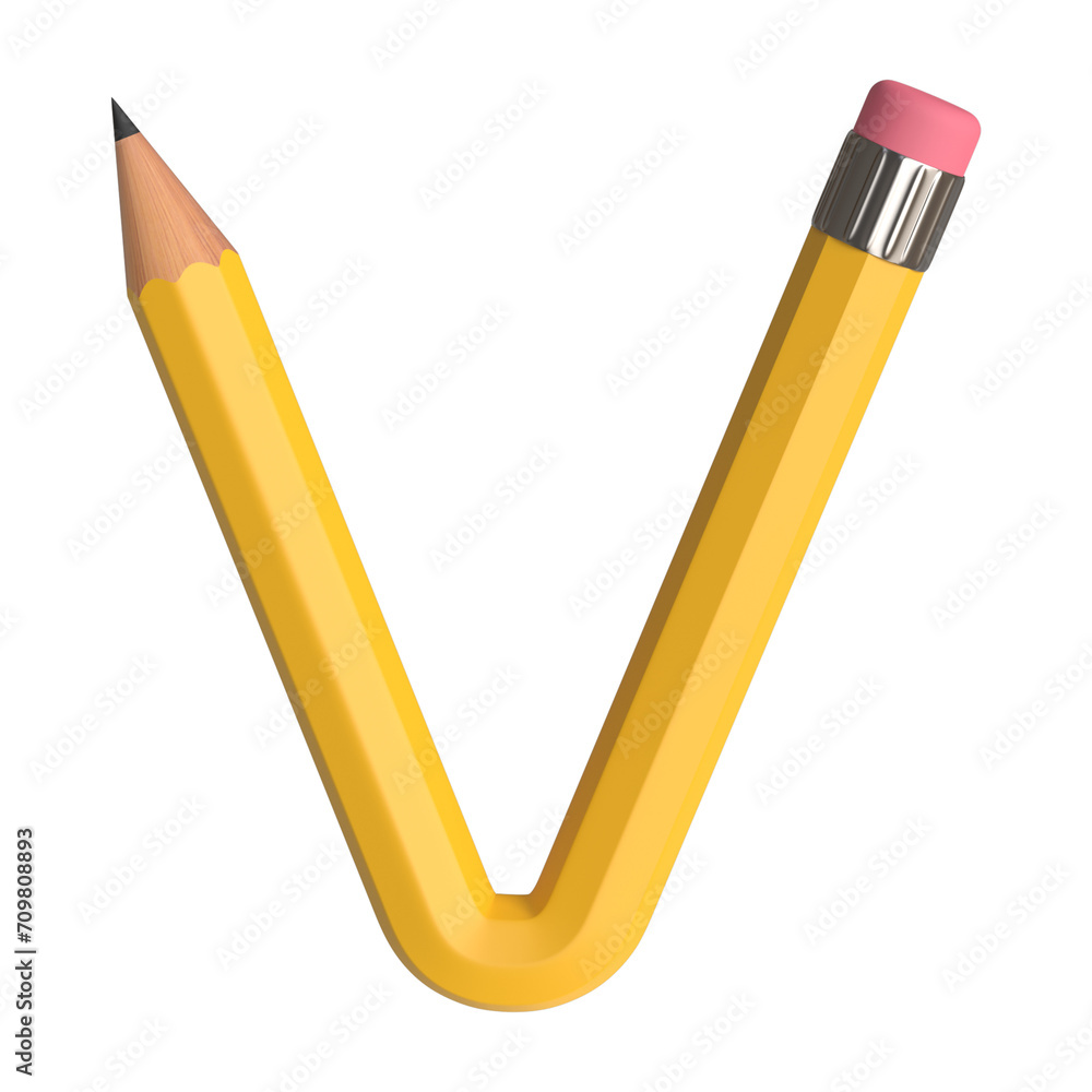 Poster realistic 3d rendering of alphabet letter v, pencil shape in yellow color, high quality image for gr