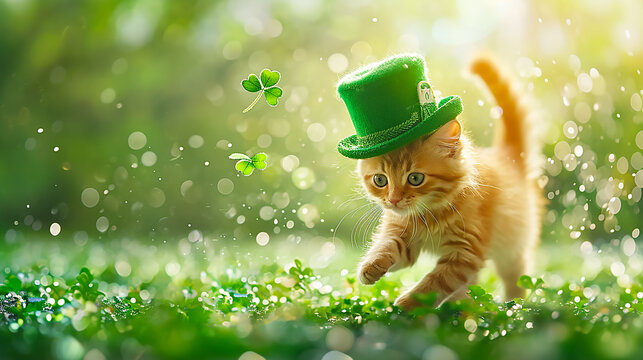 Image of kitten in green hat chasing shamrock　