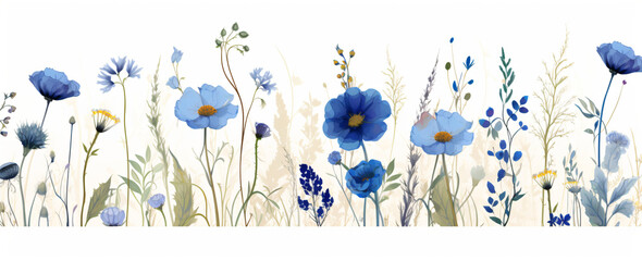 Wildflowers, in the wild, on a white background, in the style of natural minimalism, vibrant color combinations, green and blue, botanical accuracy, symbolic still-lifes, rustic simplicity, light purp