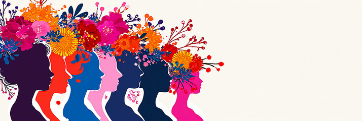 Sequence of silhouettes of women with heads decorated with flowers