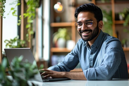 Smiling indian business man working on laptop at home office. Young indian student or remote teacher using computer remote studying, virtual training, Generative AI