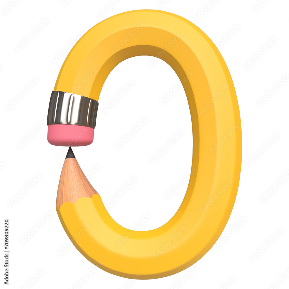 Fototapete realistic 3d rendering of alphabet number 0, pencil shape in yellow color, high-quality image for gr