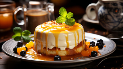 Panna cotta with caramel sauce and berries on a dark background. - obrazy, fototapety, plakaty