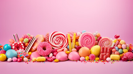 pink background with candies and sweets colorful