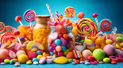 Fototapeta na wymiar blue background with colorful candies jelly sugar