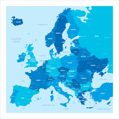 Political map of Europe with cities. Blue colored vector map with capital and other city dots, country and water labels.