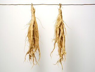 two dried ginseng roots hanging on a white background, in the style of strong facial expression created with Generative Ai