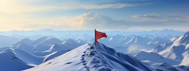 Leadership and success concept with blank red flag on mountain top. Mock up - obrazy, fototapety, plakaty