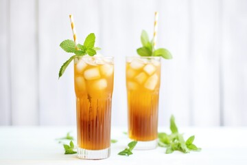 iced tea in tall glasses with mint leaves and straws