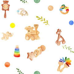 Watercolor seamless pattern with wooden children's toys: pyramid, teething accessories, giraffe, rattle, locomotive White color background. Ideal for scrapbooking, printing, textiles and other ideas