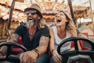 Adult youthful trendy couple have fun together in bumbers cars in amusement park laughing a lot and enjoying outdoor leisure activity together. Festive people day man and woman happy lifestyle - obrazy, fototapety, plakaty