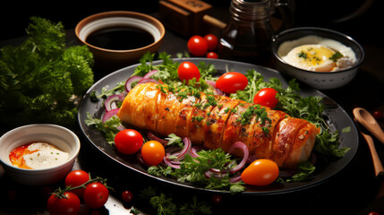 Chicken roll with sauce and vegetables on a black plate on a dark background.