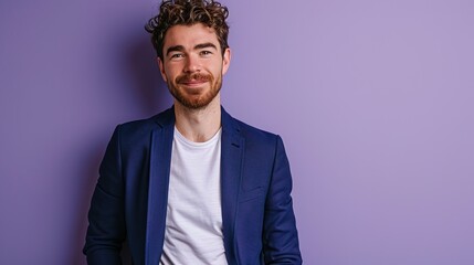 prosperous businessman and staff member On an isolated pastel purple background, a formal blue suit with white t-shirt. - obrazy, fototapety, plakaty
