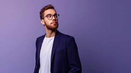 prosperous businessman and staff member On an isolated pastel purple background, a formal blue suit with white t-shirt.
