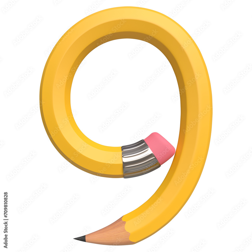 Poster realistic 3d rendering of alphabet number 9, pencil shape in yellow color, high-quality image for gr
