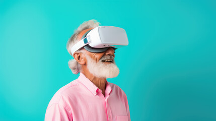 senior man with pink shirt and white beard using VR set over blue background with copy space