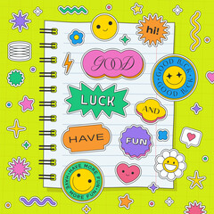 Cute Y2k Notebook Paper Page Template. Cool Note With Pop Art Stickers. Kawai Patches Illustration. Good Luck Funny Artwork.