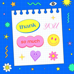 Cute Y2k Notebook Paper Page Template. Cool Note With Pop Art Stickers. Kawai Patches Illustration. Thank You So Much Funny Artwork.