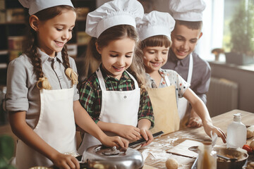 Group of children learning how to cook and prepare cookies all together in classroom. Chef student young child enjoy class having fun with food and raw ingredient to prepare meal in indoor kitchen - obrazy, fototapety, plakaty