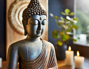 Calm Buddha face bathed in warm daylight, surrounded flickering candles in peaceful hall. Tranquil ambiance perfect for spiritual activities such as yoga or meditation, inviting inner peace
