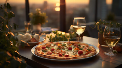 Classic pizza in restaurant at balcony. Evening lights - obrazy, fototapety, plakaty