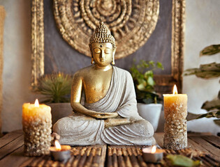 Calm Buddha face bathed in warm daylight, surrounded flickering candles in peaceful hall. Tranquil ambiance perfect for spiritual activities such as yoga or meditation, inviting inner peace