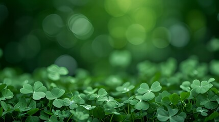 Lucky Irish Four Leaf Clover in the Field for St. Patrick's Day holiday symbol. Green background with three-leaved shamrocks.