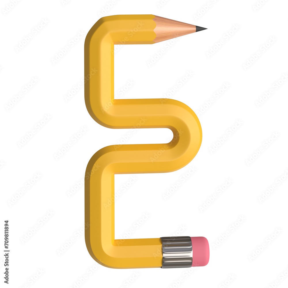Poster realistic 3d rendering of the alphabet letter e, pencil shape in yellow color, high-quality image fo