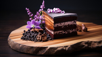 Perfect piece of designer cake on wooden board