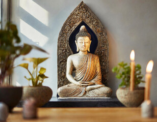 Calm Buddha face bathed in warm daylight, surrounded flickering candles in peaceful hall. Tranquil ambiance perfect for spiritual activities such as yoga or meditation, inviting inner peace