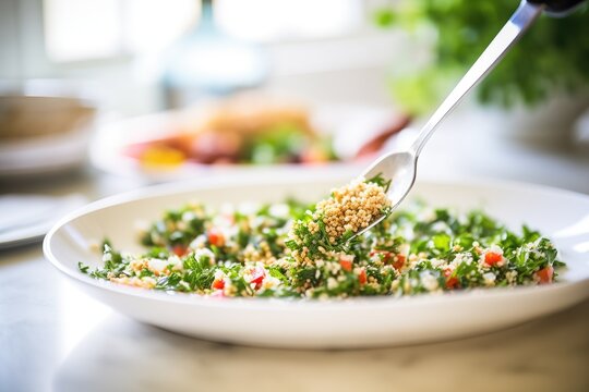 tabouli being fluffed with a fork, bright kitchen setting