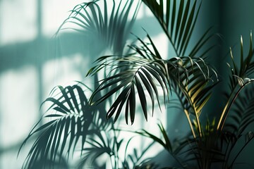 Tropical Elegance: Palm Shadow on Pale Blue Wall
