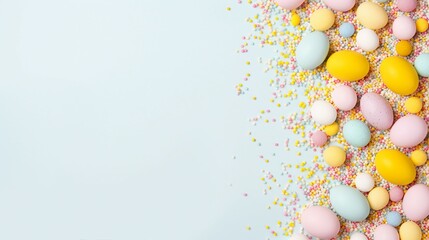 Naklejka na ściany i meble Easter Decor Concept: Vibrant Top View Photo of Yellow, Pink, and Blue Eggs with Sprinkles on Isolated Pastel Blue Background – Festive Holiday Celebration Composition with Blank Space