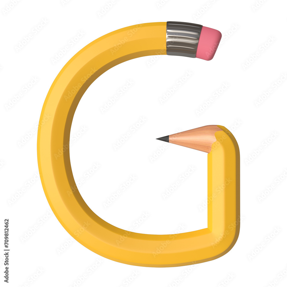 Poster realistic 3d rendering of the alphabet letter g, pencil shape in yellow color, high quality image fo