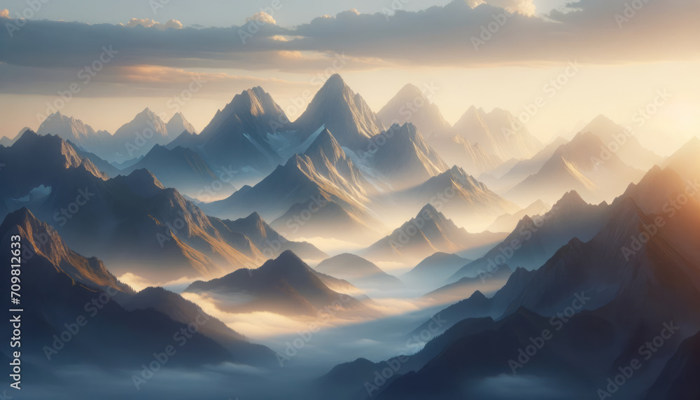 Poster sunset casting golden hues on mountainous terrain and mist. exploration concept. generative ai
