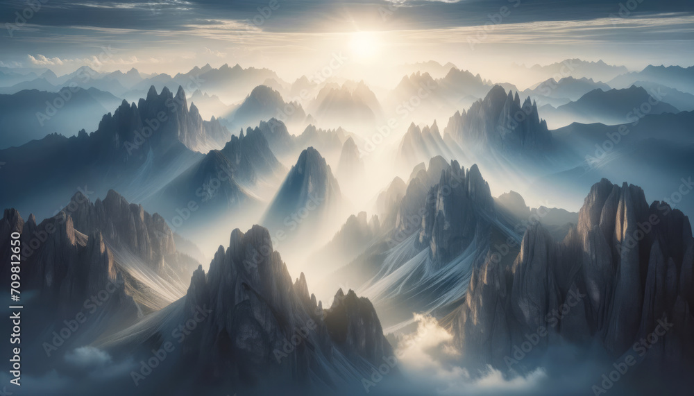 Aufkleber sunrise over jagged mountain cliffs amidst fog. natures wonder concept. generative ai